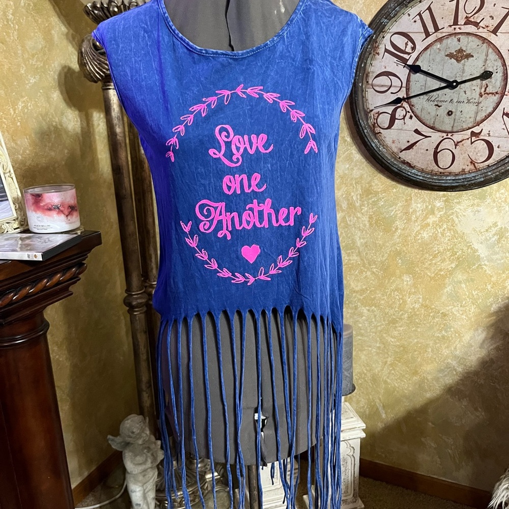 Blue Sleeveless Fringe Tank Top
